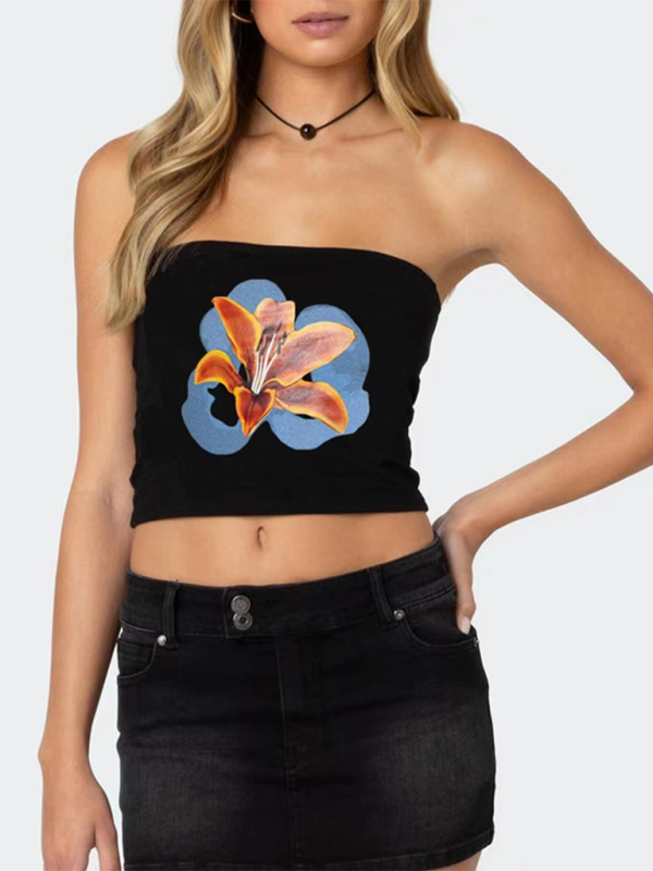 Women’s personality street flower print sexy belly-baring top - Orange / S