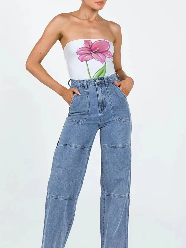 Women’s personality street flower print sexy belly-baring top - Pink / S