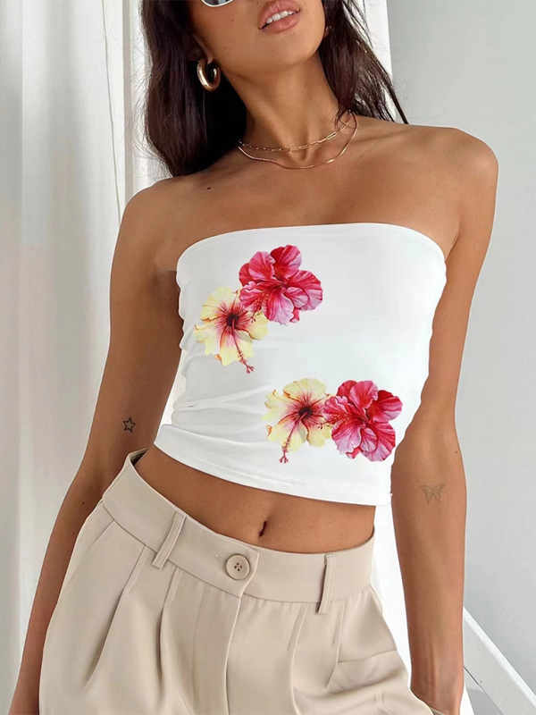 Women’s personality street flower print sexy belly-baring top - White / S