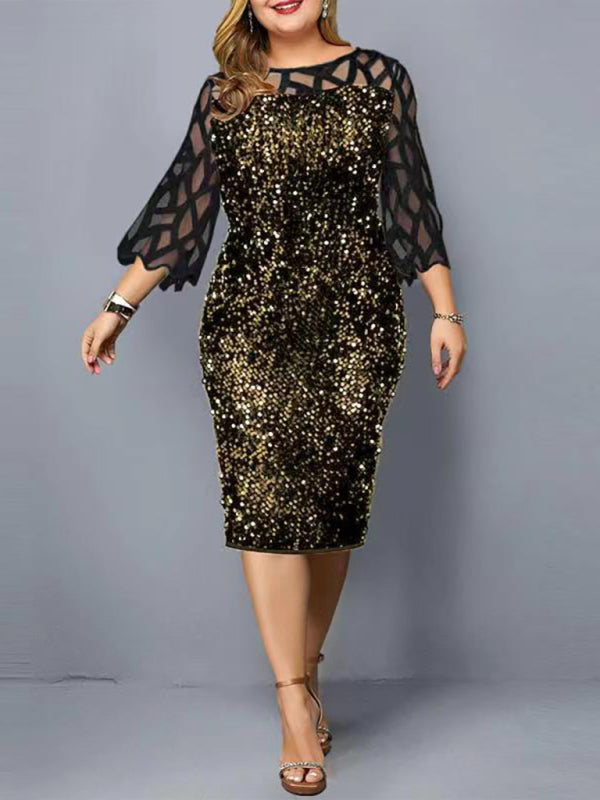 Women’s Personalized Sequin Design Plus Size Dress - Golden / M
