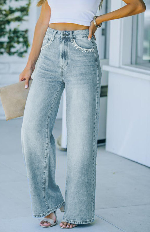 Women’s Petal Pocket Temperament Loose Wash Jeans