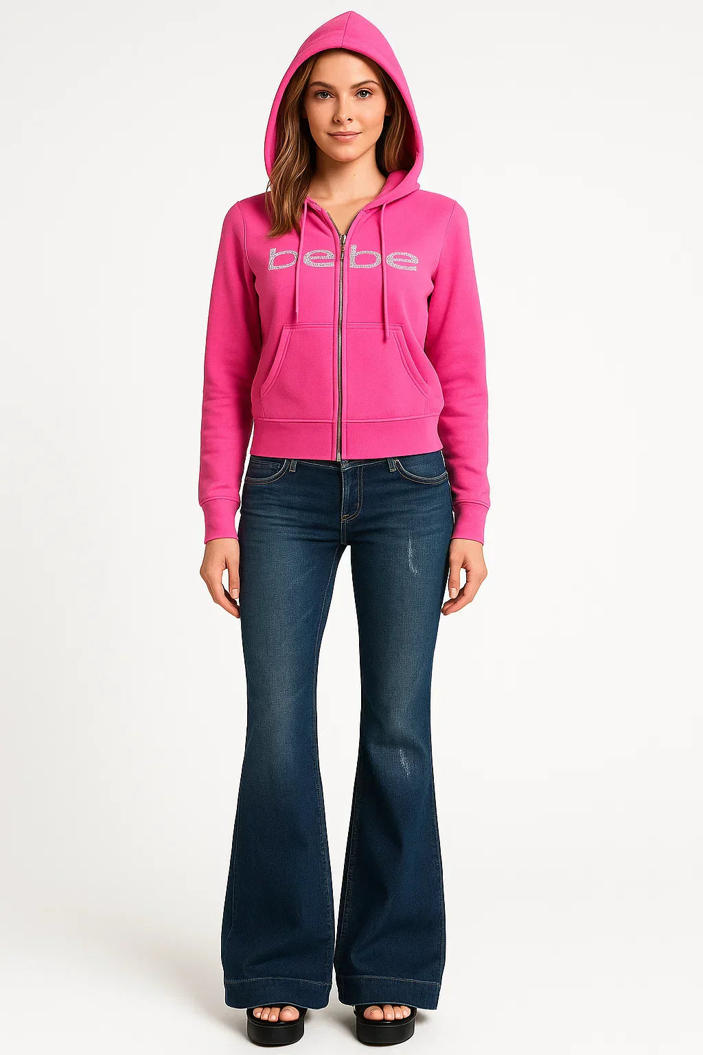 WOMEN’S PINK HOODIE AND FLARED JEANS OUTFIT