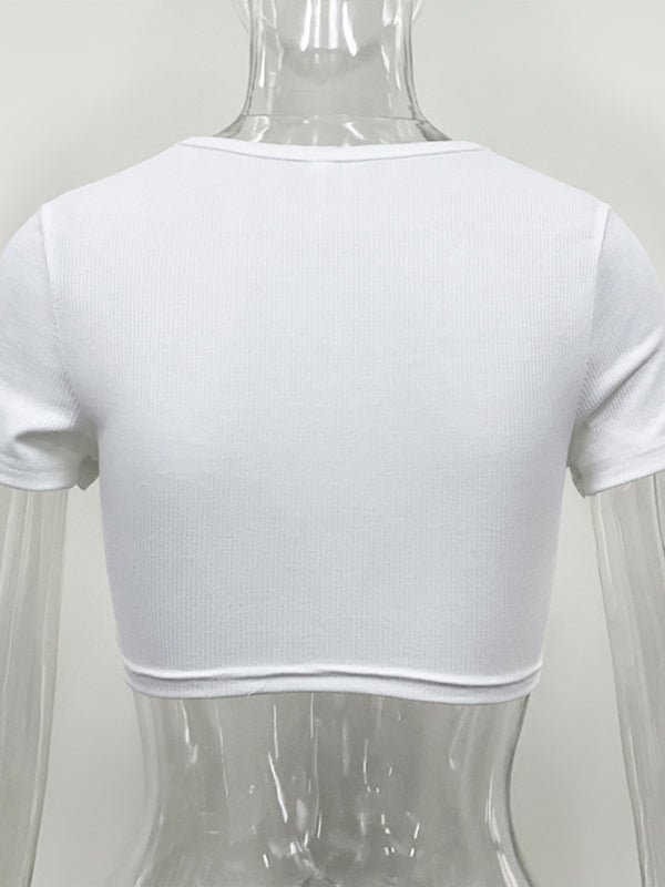 Women’s pit bar exposed navel short cut-out round neck short-sleeved T-shirt