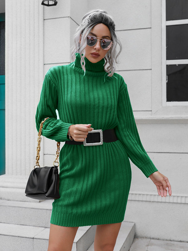 Women’s pit stripe high collar wool dress - Green / S