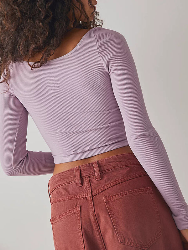 Women’s pitted U-neck long-sleeved solid color navel-baring French T-shirt