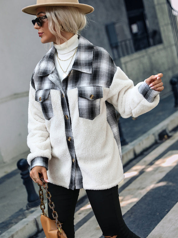 Women’s plaid patchwork plush button coat