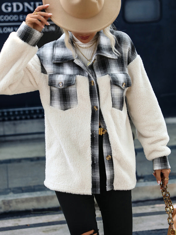 Women’s plaid patchwork plush button coat - White / S