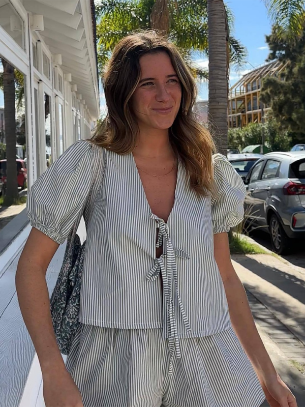 Women’s Plaid Striped Elastic Cuffs Casual Fashion Tie Elastic Waist Shorts Set