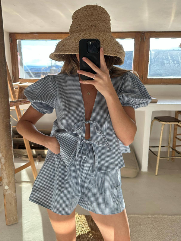 Women’s Plaid Striped Elastic Cuffs Casual Fashion Tie Elastic Waist Shorts Set - Purplish blue navy / S