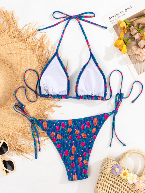 Women’s pleated stretchsuspenders sexy lace-up two-piece bikini