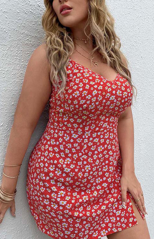Women’s Plus Size Floral Slit Sling Short Dress - Red / L
