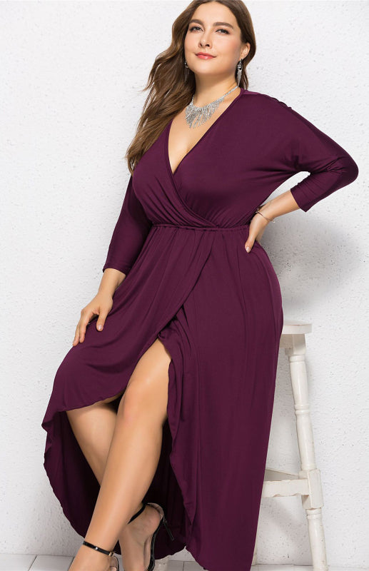 Women’s Plus Size Solid Deep V Dress - Purplish red / XL