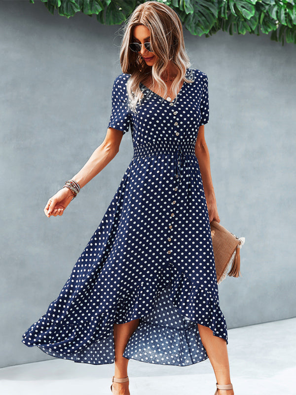 Women’s Polka Dot Skirt Front Short Back Long Middle Length Swing Skirt Dress