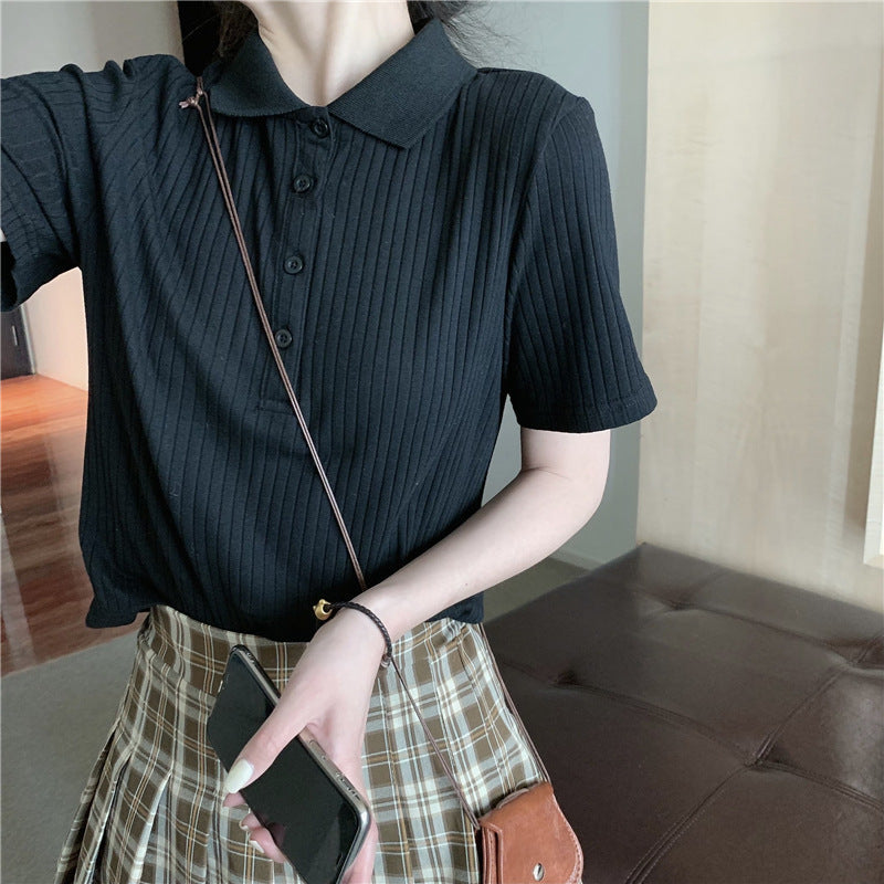 Women’s polo neck short-sleeved knitted T-shirt women - Black / M