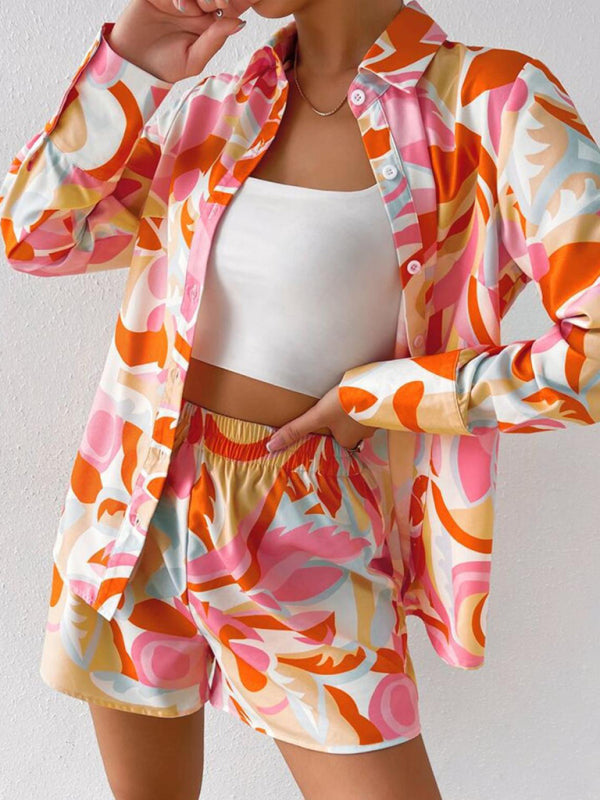 Women’s printed casual long-sleeved shirt + shorts two-piece suit - Orange / S