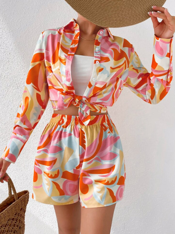 Women’s printed casual long-sleeved shirt + shorts two-piece suit