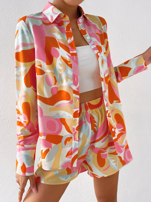 Women’s printed casual long-sleeved shirt + shorts two-piece suit
