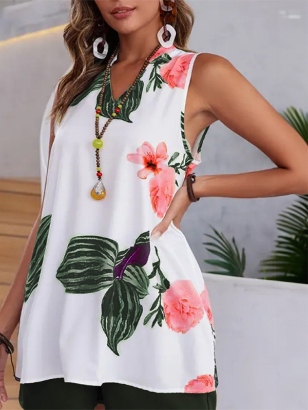 Floral print sleeveless top from Women’s Printed Casual Vacation Top and Shorts Set with comfortable fit