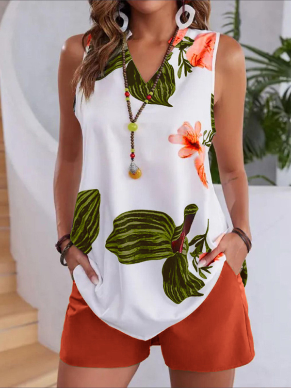 Floral print sleeveless top with orange shorts in a Women’s Casual Vacation Set offering a comfortable fit