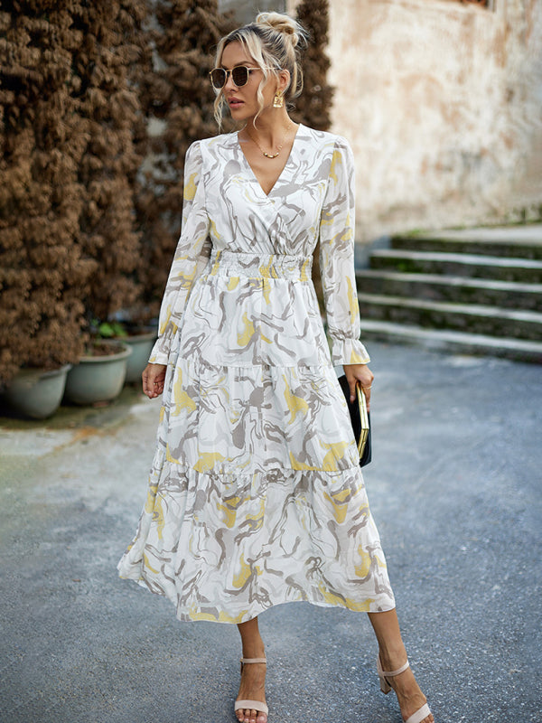 Women’s Printed Casual Vacation Printed V-Neck Dress - Grey / S