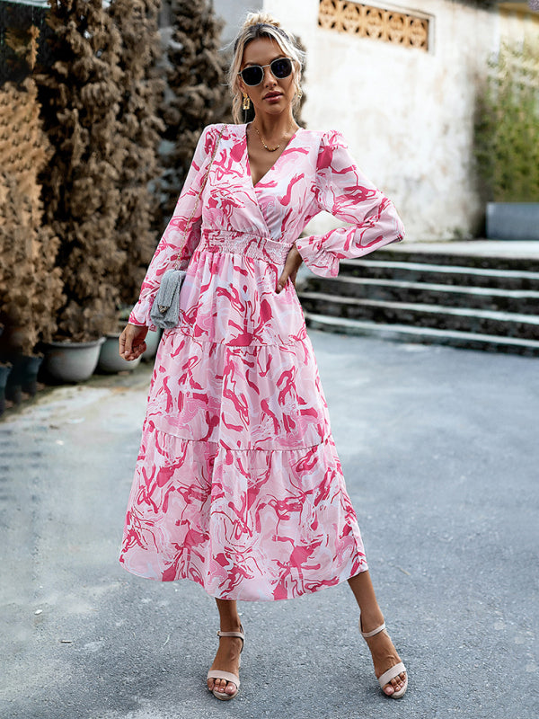 Women’s Printed Casual Vacation Printed V-Neck Dress - Pink / S