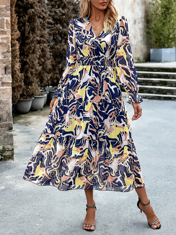 Women’s Printed Casual Vacation Printed V-Neck Dress - Royal blue / S