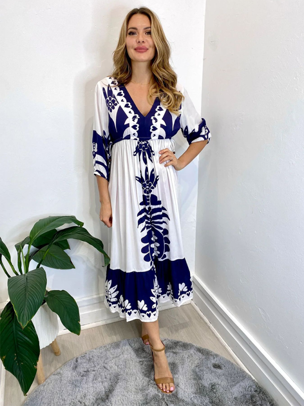 Women’s Printed Drawstring Dress Half Sleeve Fashion Loose Casual Dress