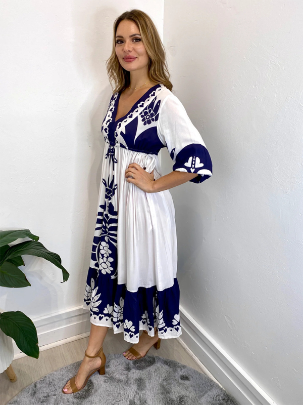 Women’s Printed Drawstring Dress Half Sleeve Fashion Loose Casual Dress