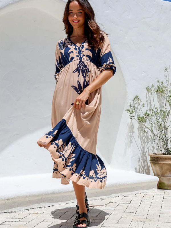 Women’s Printed Drawstring Dress Half Sleeve Fashion Loose Casual Dress