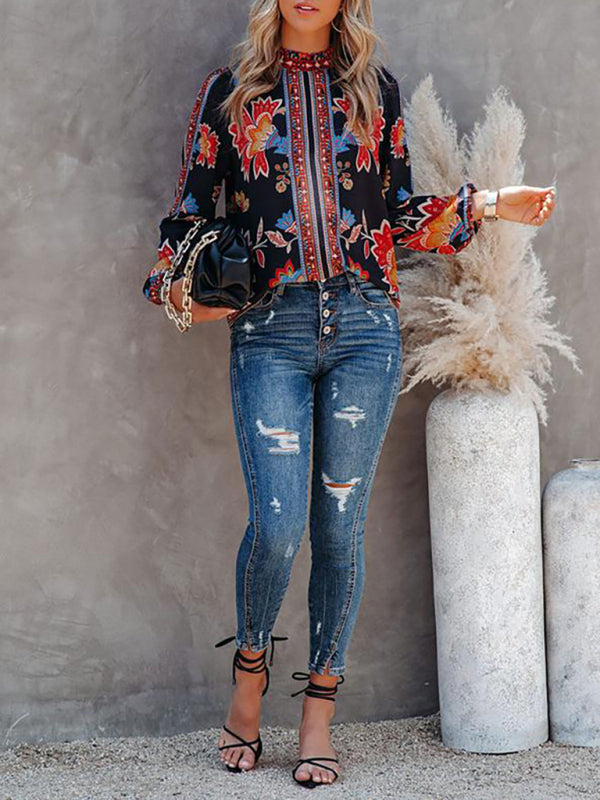 Women’s Printed Lantern Long Sleeve Loose Casual Shirt