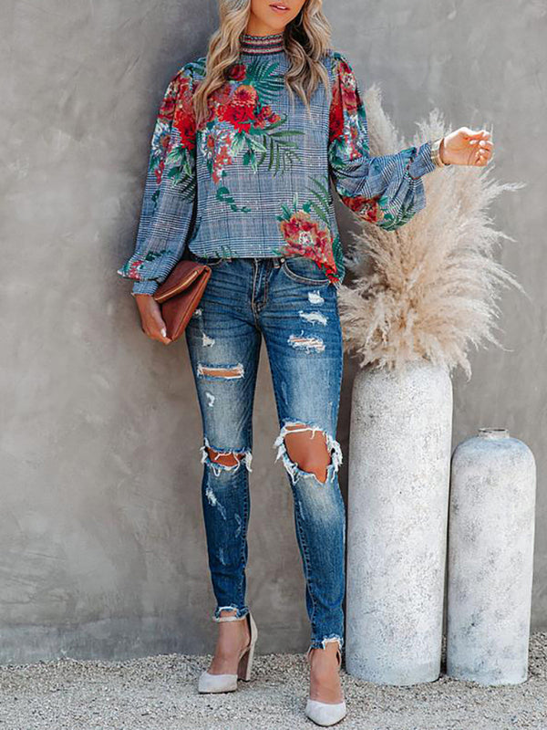 Women’s Printed Lantern Long Sleeve Loose Casual Shirt