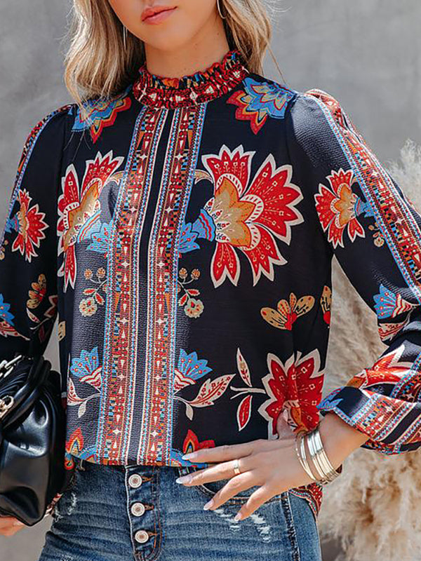 Women’s Printed Lantern Long Sleeve Loose Casual Shirt