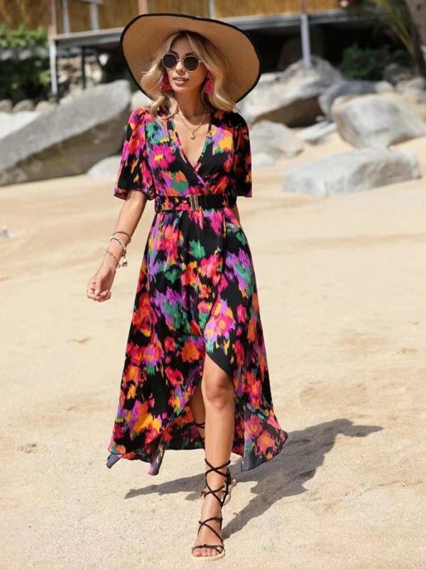 Women’s printed short-sleeved V-neck pullover irregular beach dress - Black / S