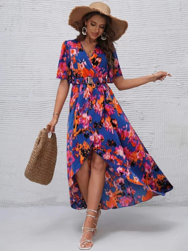 Women’s printed short-sleeved V-neck pullover irregular beach dress - Blue / S