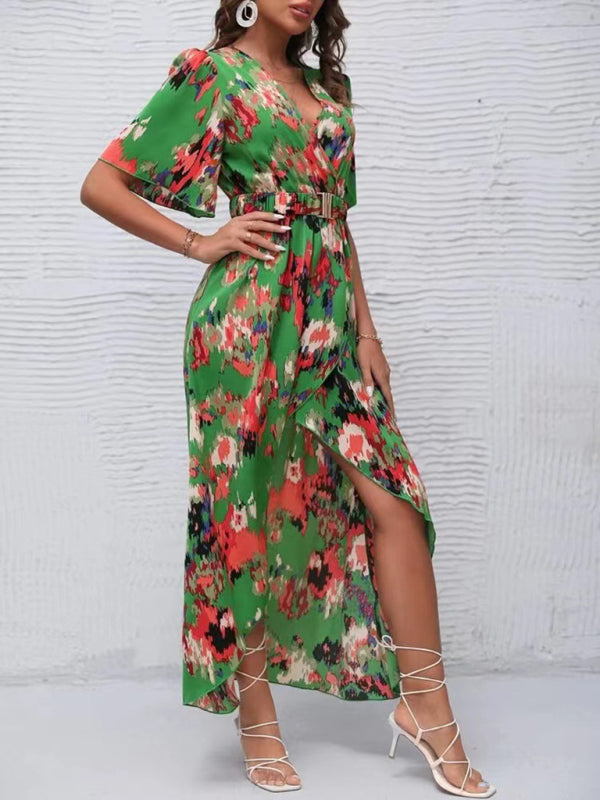 Women’s printed short-sleeved V-neck pullover irregular beach dress - Green / S