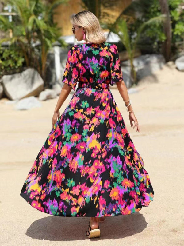 Women’s printed short-sleeved V-neck pullover irregular beach dress