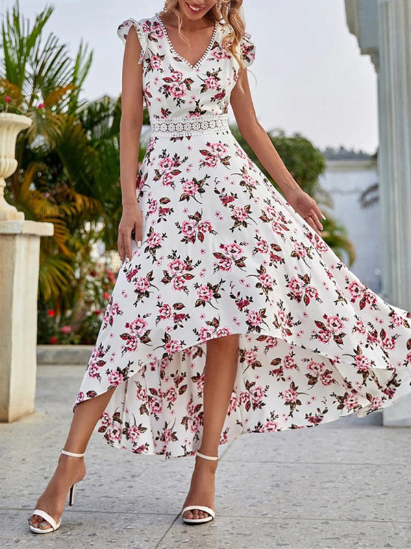 Women’s Printed Sleeveless Swing Skirt Lace Waist Dress
