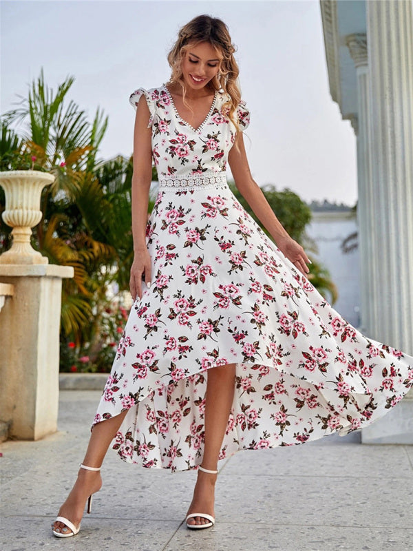 Women’s Printed Sleeveless Swing Skirt Lace Waist Dress