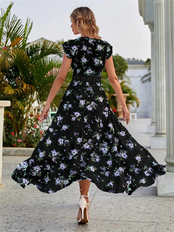 Women’s Printed Sleeveless Swing Skirt Lace Waist Dress