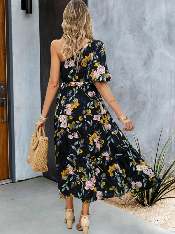 Women’s printed temperament elegant one-shoulder long dress