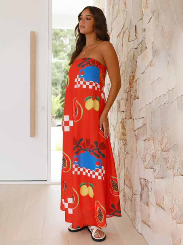 Women’s printed tube top long skirt sexy fashion holiday dress