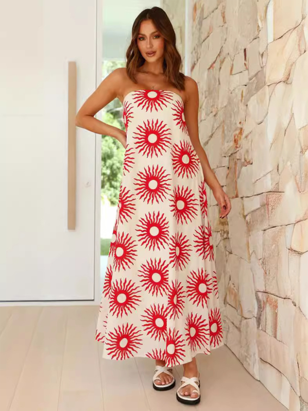 Women’s printed tube top long skirt sexy fashion holiday dress - Cream / S