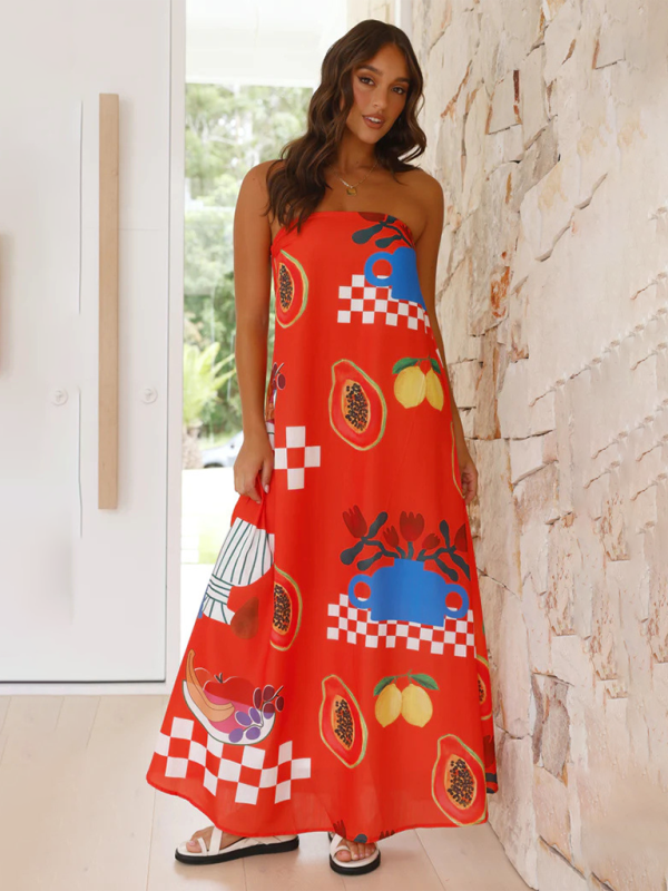 Women’s printed tube top long skirt sexy fashion holiday dress - Red / S