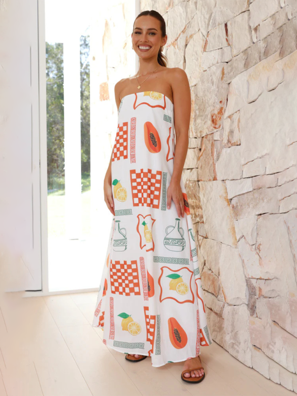 Women’s printed tube top long skirt sexy fashion holiday dress - White / S