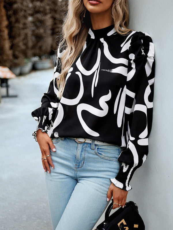 Women’s printed turtleneck puff sleeve top blouse