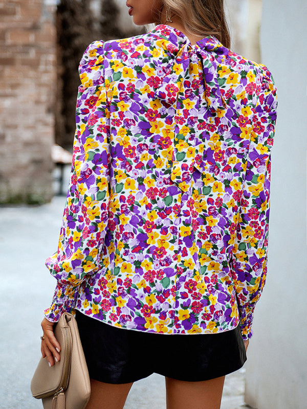 Women’s printed turtleneck puff sleeve top blouse