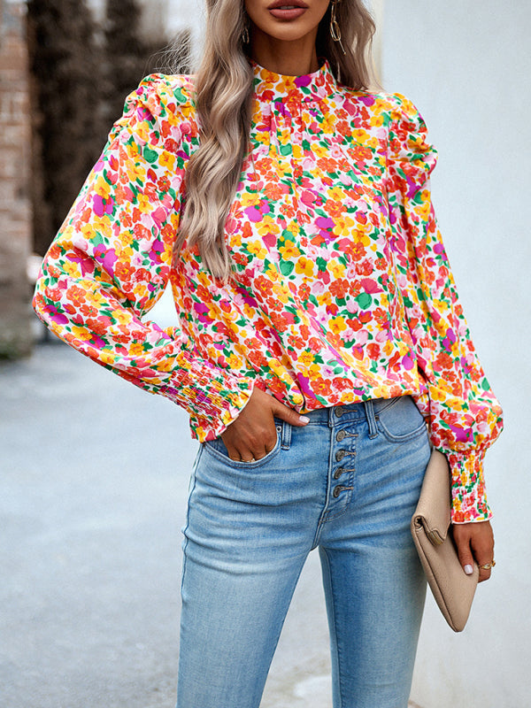 Women’s printed turtleneck puff sleeve top blouse