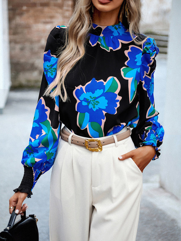 Women’s printed turtleneck puff sleeve top blouse