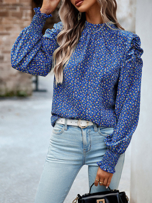 Women’s printed turtleneck puff sleeve top blouse