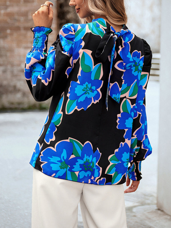 Women’s printed turtleneck puff sleeve top blouse